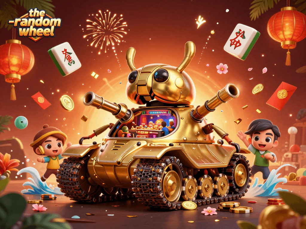 Spin the-random-wheel inside a dynamic golden beetle tank casino filled with excitement and confetti.
