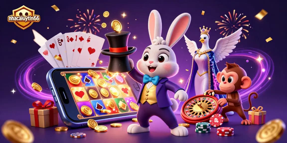 Experience thrilling magic at nhacaiuytin66 with a magician rabbit and dazzling casino elements.