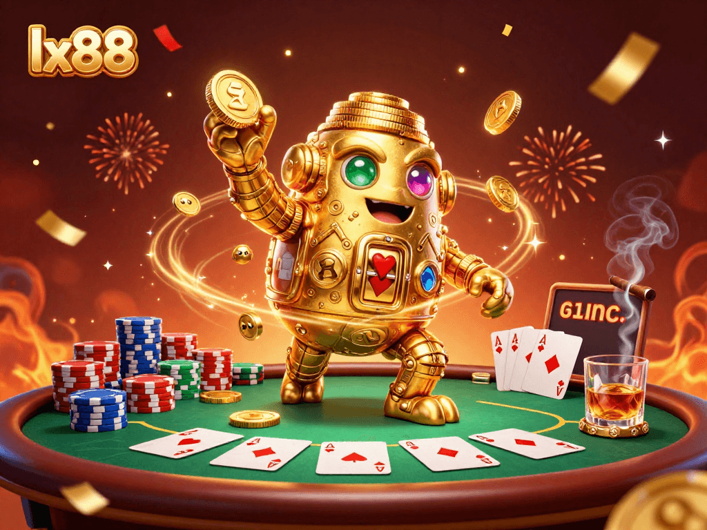 Experience the excitement of lx88 with a vibrant 3D poker-themed illustration showcasing celebrated gaming elements.