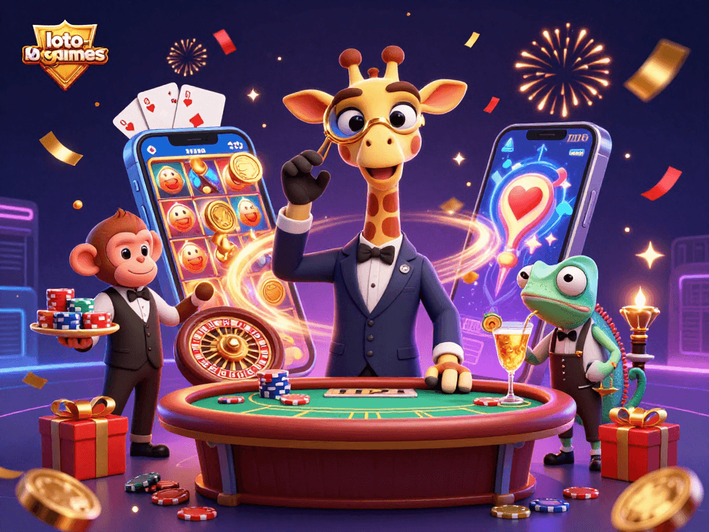 Engage with loto-games in a vibrant casino scene featuring a high-roller giraffe and lively casino elements.