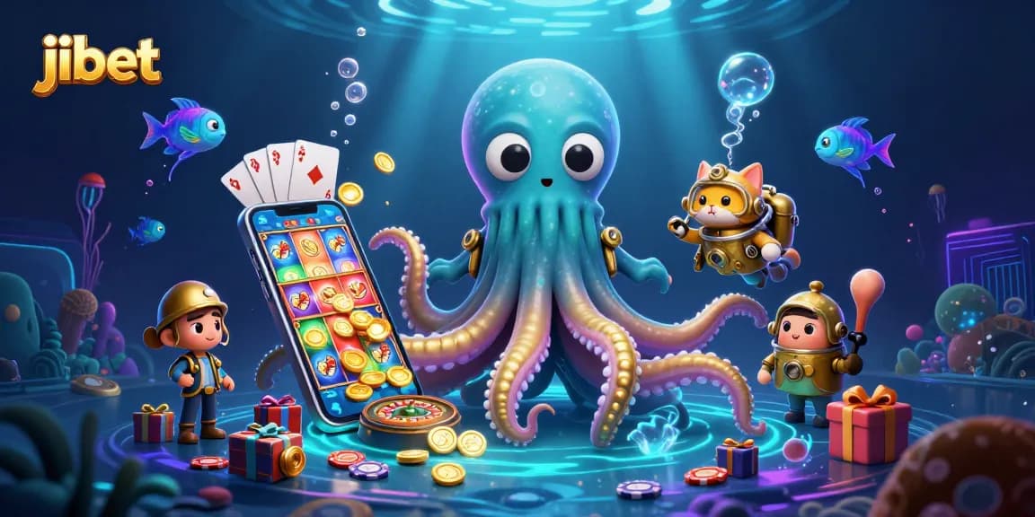 Spin winning reels with jibet while exploring deep-sea treasures featuring a kraken and diving cat.