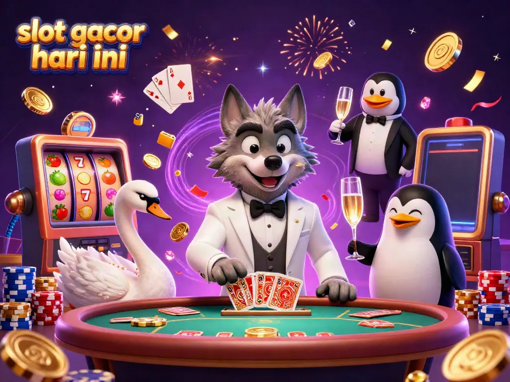 Momen slot gacor hari ini dengan serigala, angsa, dan penguin di meja kasino.
