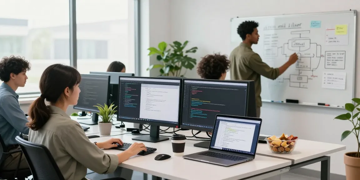 Build internal tools with AI in a collaborative workspace, showcasing team engagement and software development.