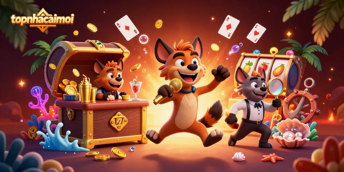 Join the fun at topnhacaimoi's comedy casino with hyenas and vibrant gambling elements.