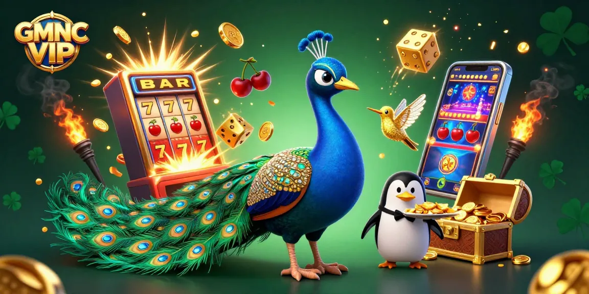 Experience GMNC VIP with an engaging visual of 3D characters amid vibrant casino elements.