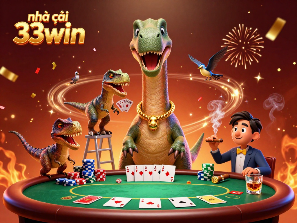 Engage in exciting poker at nhà cái 33win with animated characters and vibrant casino atmosphere.