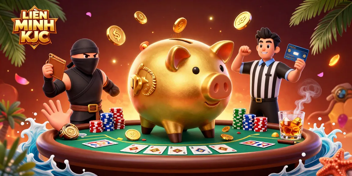 LIÊN MINH KJC showcases an exciting 3D scene with a golden piggy bank wrestler amidst vibrant poker elements.