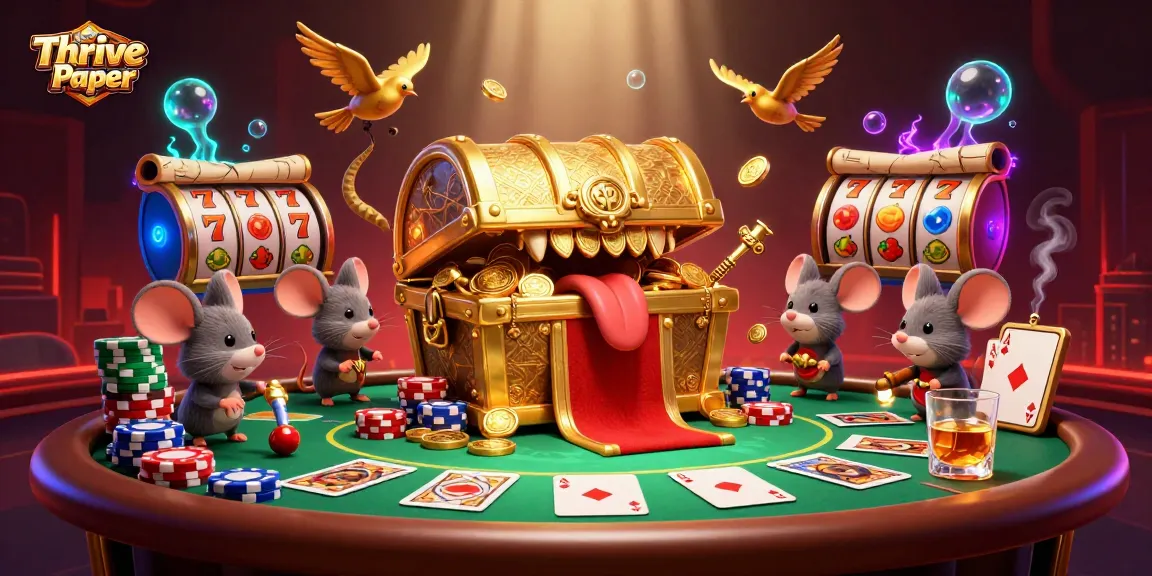 Thrive Paper showcases a vibrant casino scene with adventurer mice and a treasure chest enticing players.