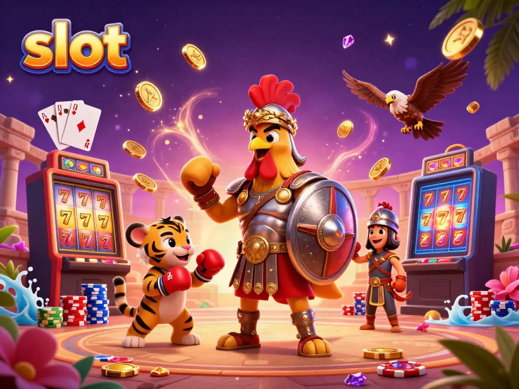 Permainan slot yang mengasyikkan dengan simbol keberuntungan dan papan permainan di arena kasino.