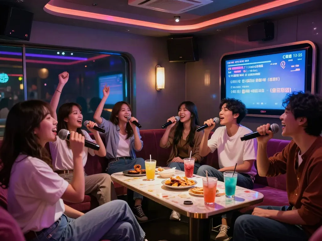 강남 달토에서 즐거운 시간을 보내는 친구들, 노래방 분위기를 보여주는 이미지.