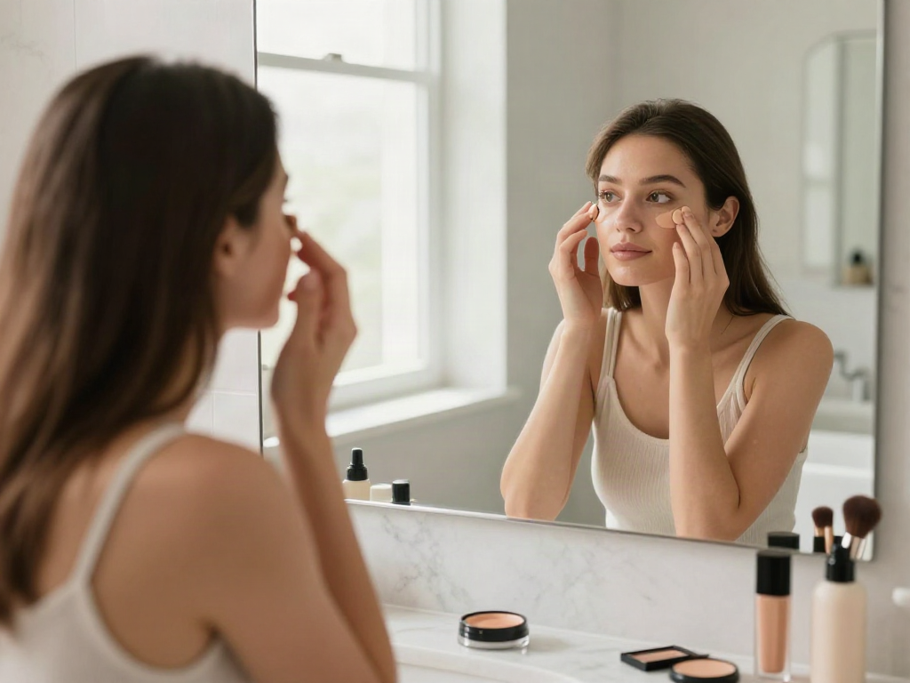 Augenringe abdecken mit Concealer in heller Badezimmeratmosphäre