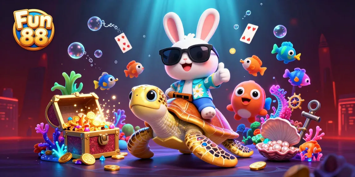 Engage in thrilling games at Fun 88 with a vibrant underwater scene showcasing a lucky rabbit and sea turtle.
