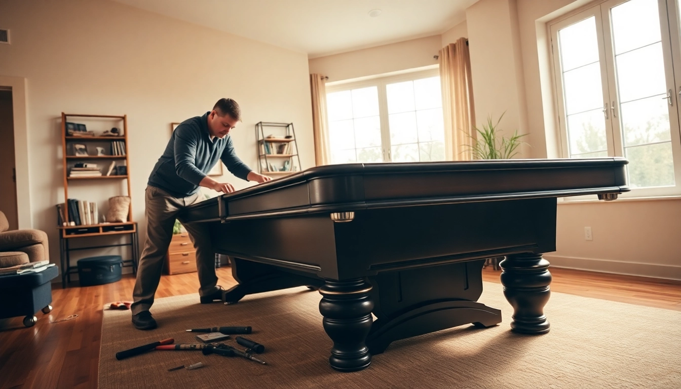 Showcasing game table movers services, a technician skillfully disassembles a pool table in a bright living room.