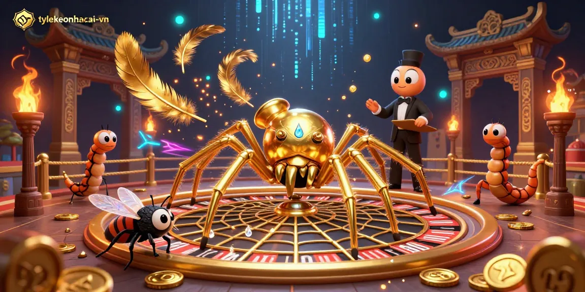 Engage with the enthralling scene of tylekeonhacai-vn as a golden spider spins a roulette wheel web.