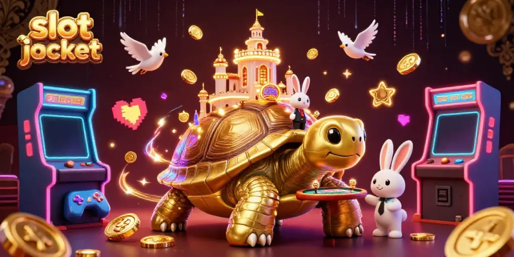 Gambarkan kegembiraan slot jackpot dengan kura-kura emas dan dealer kelinci di kasino miniatur.