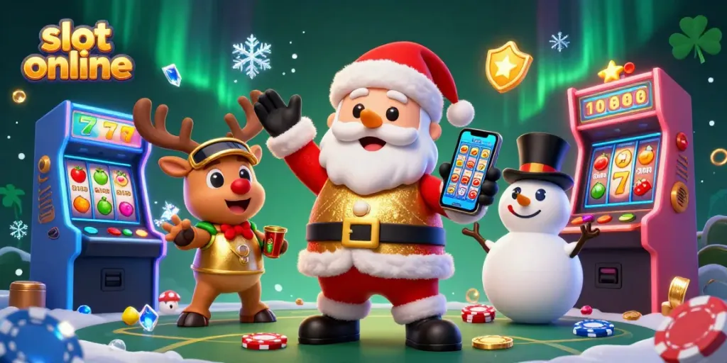 Mainkan slot online dengan kegembiraan, slot dan lampu berwarna-warni mengelilingi karakter dalam kasino.