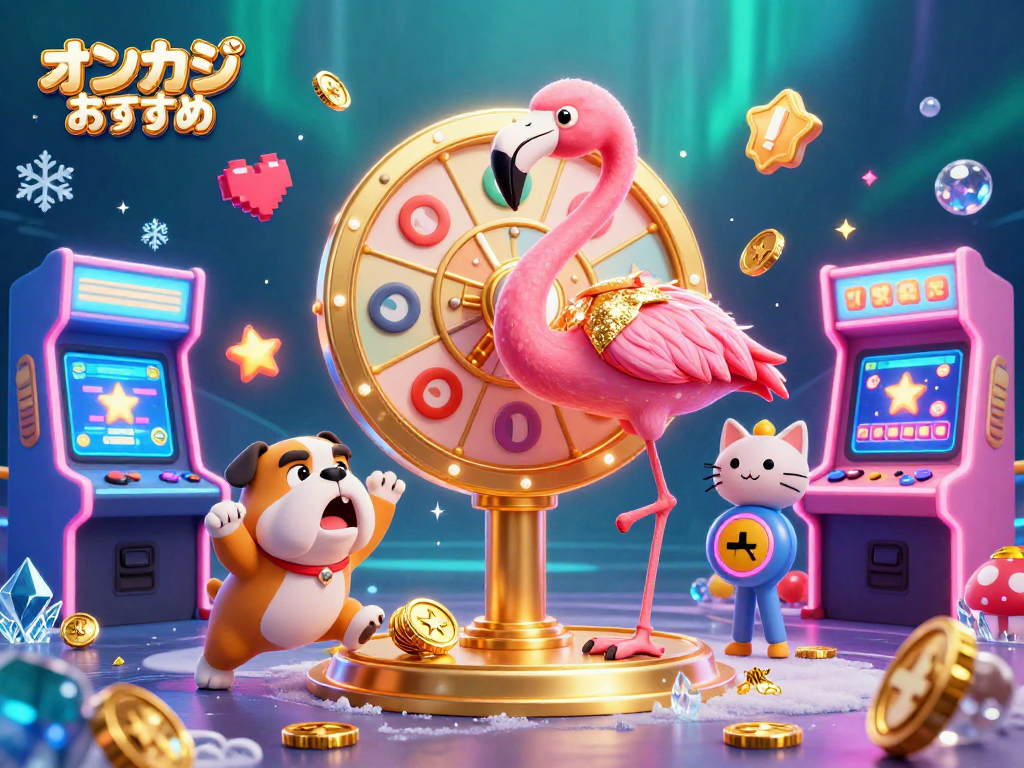 オンカジおすすめで賞品を発表するゲームホストフラミンゴのイラスト