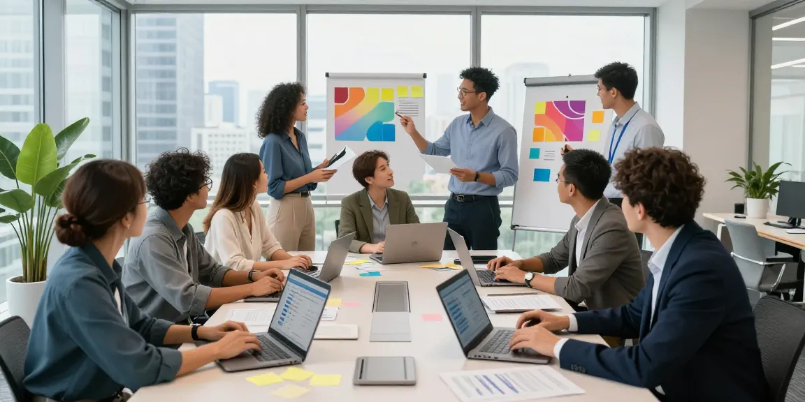 Team discussing strategies in a modern office, representing my company during a collaborative session.