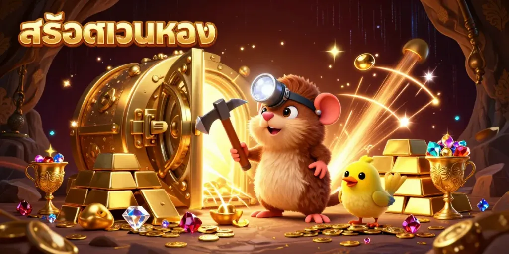 Engage with สล็อตเว็บตรง, featuring a cartoon mole mining for treasures amidst dazzling gems and gold.