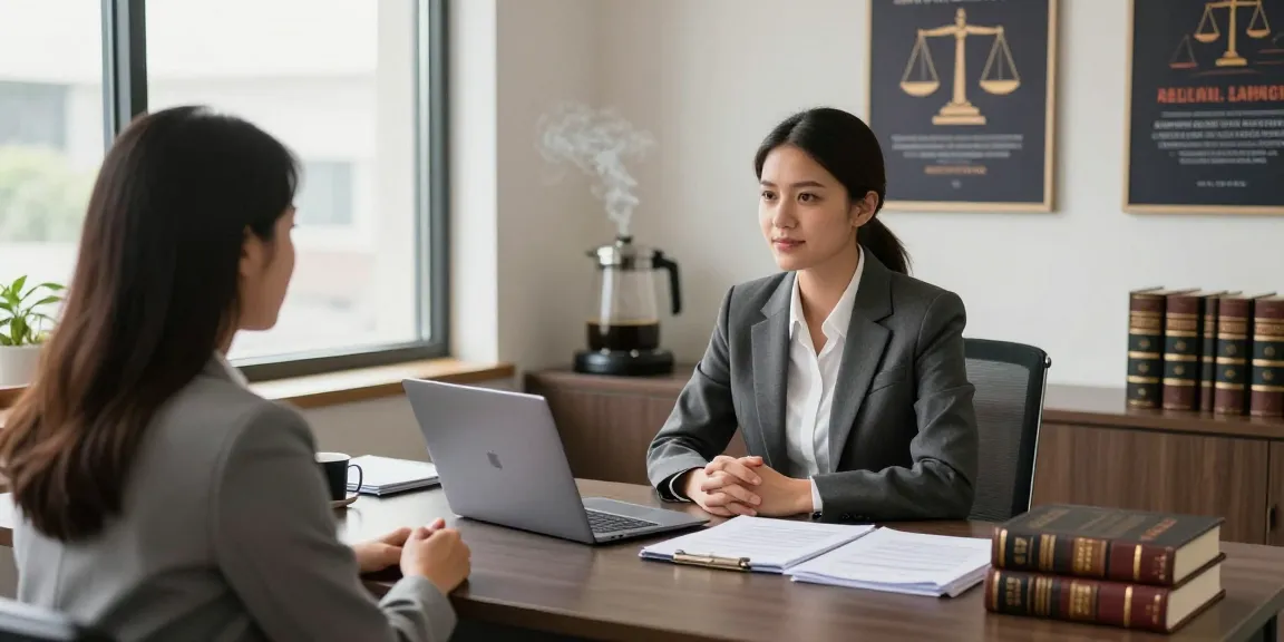 Lawyer meeting with client, discussing legal solutions published here, showcasing a professional yet comforting atmosphere in a modern law office.