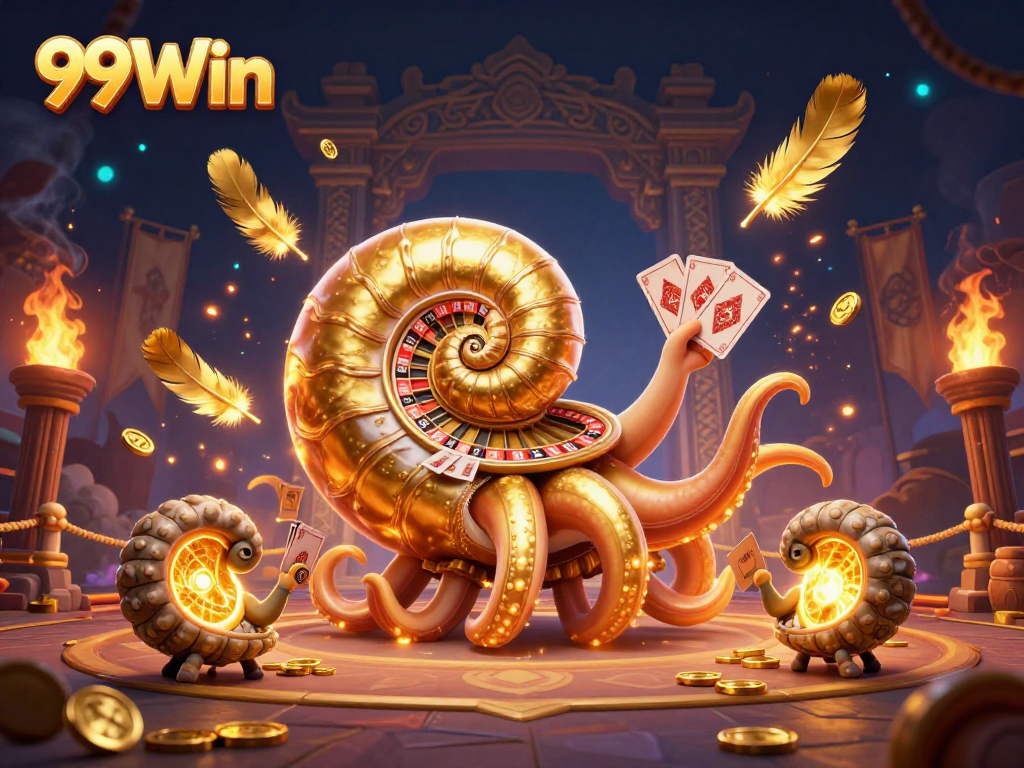 Experience the excitement of 99Win, featuring a giant nautilus roulette wheel and dynamic casino elements.