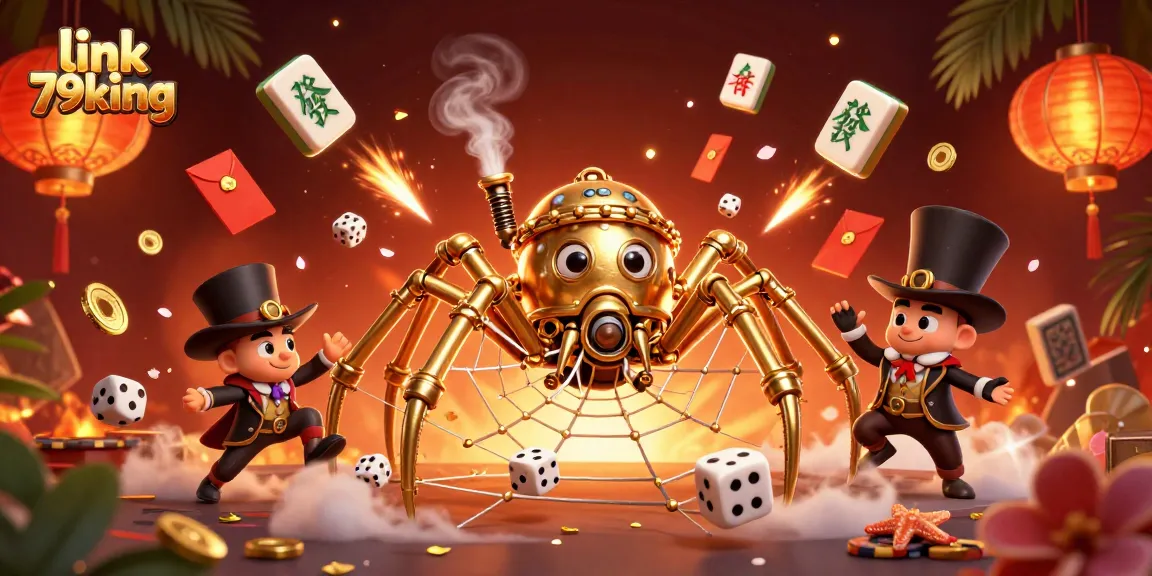 Engage with link 79king as a steampunk spider weaves a web of golden poker chips in this vibrant casino scene.