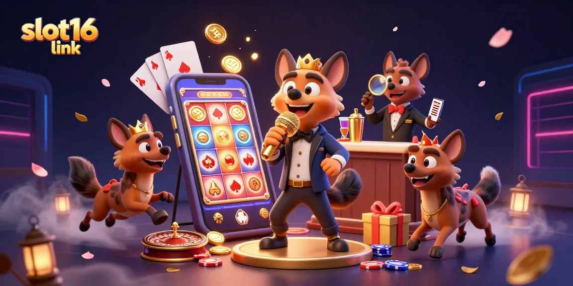 Enhance your experience with the slot16 link showcasing hilarious hyenas in a lively casino club scene.