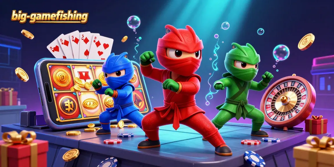 Experience big-gamefishing action with ninja chameleons amidst vibrant casino elements.