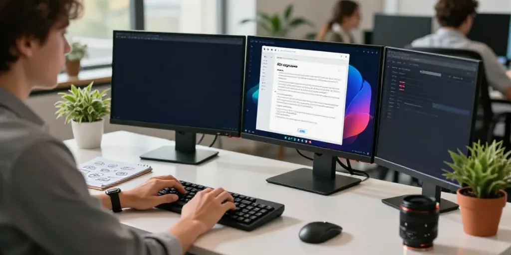 Creating content with an AI website SEO copy generator in a bright office workspace.