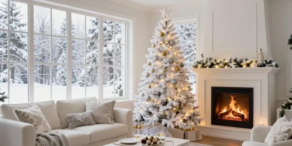 Stunning artificial white xmas trees decorated with silver and gold ornaments in a cozy living room setting.
