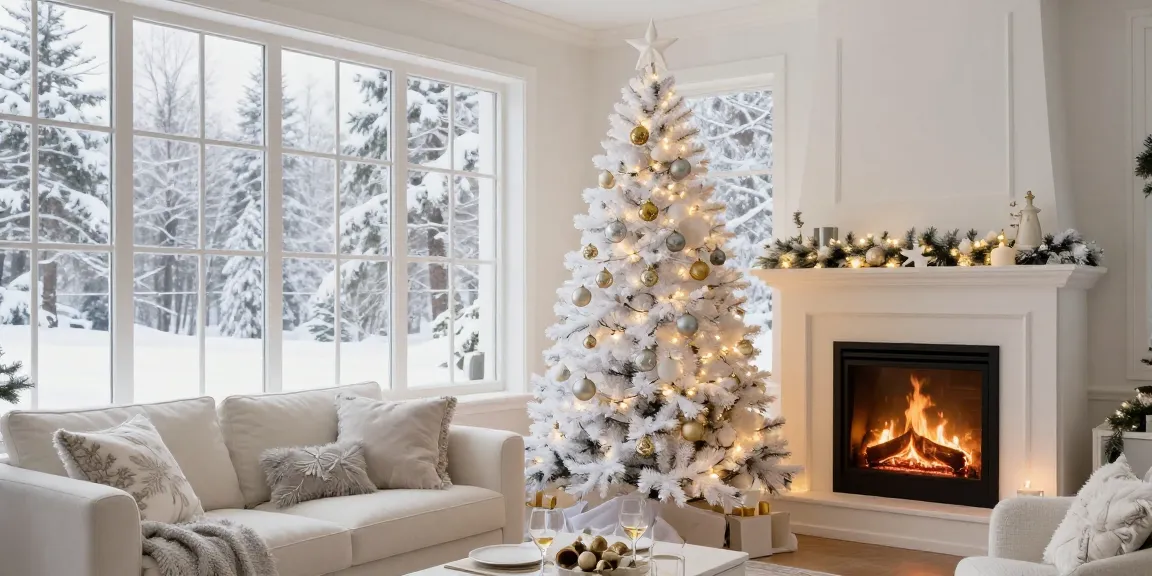 Stunning artificial white xmas trees decorated with silver and gold ornaments in a cozy living room setting.