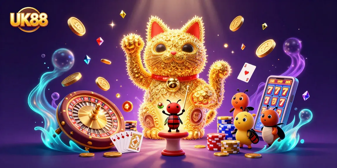 Engage with UK88's vibrant golden lucky cat, 3D fireflies, and casino elements in action.