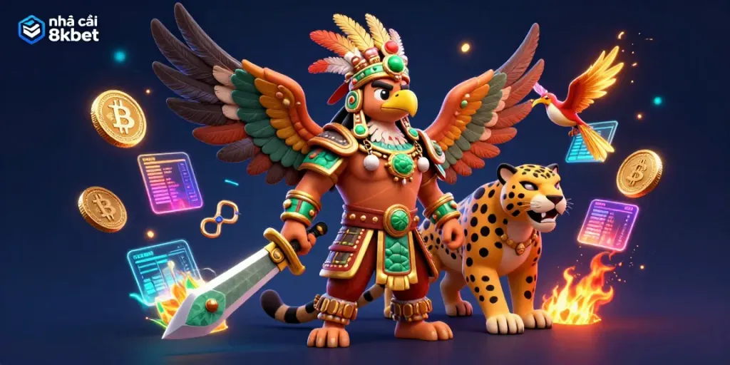 Engage with the thrilling atmosphere of nhà cái 8kbet showcased by Aztec warriors, crypto elements, and vivid casino motifs.