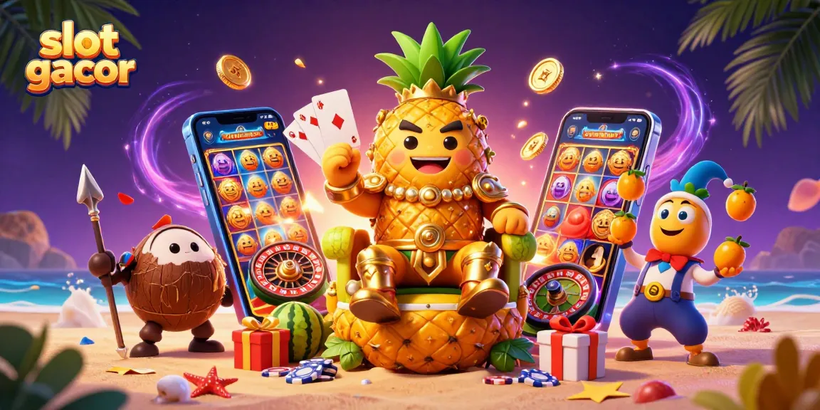 Slot gacor menampilkan raja nanas emas dengan jester yang sedang bermain, memberikan kesempatan menang yang besar.