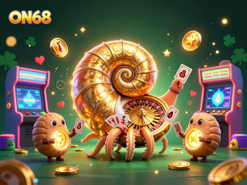 Engage with ON68's thrilling casino experience featuring a giant nautilus roulette in a vibrant game world.