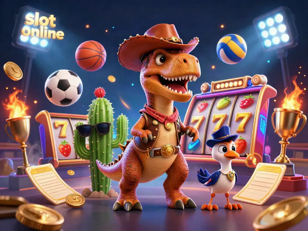 Engage with thrilling slot online adventures featuring a T-Rex cowboy and friends in a dynamic casino setting.