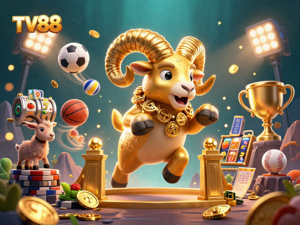 Experience the thrill of TV88 with a charging golden ram and flying slot symbols in a vibrant casino scene.