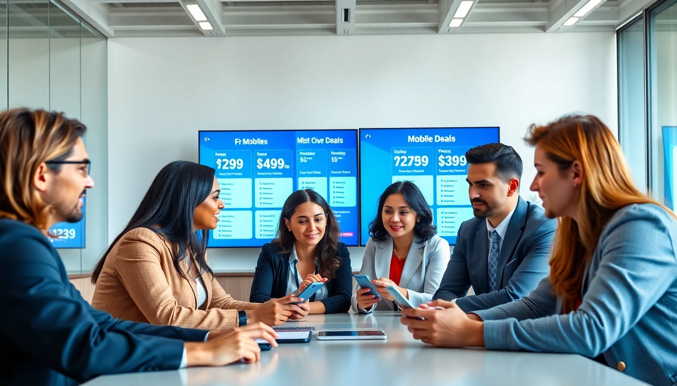 Compare business mobile deals UK with professionals in a bright office setting.