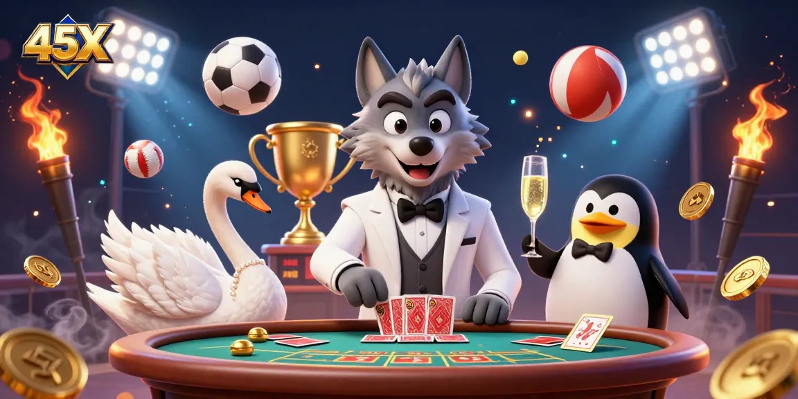 Engage in thrilling plays at 45X with an elegant wolf, swan, and sommelier at a vibrant baccarat scenario.