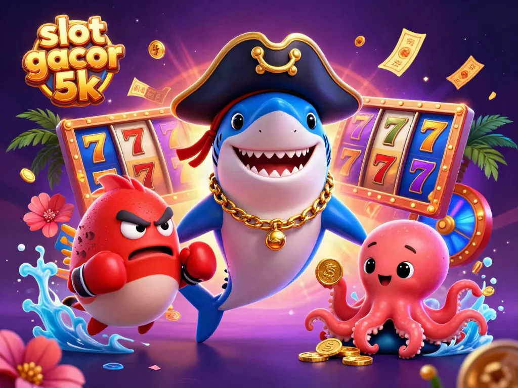 Experience the excitement of slot gacor 5k with a vibrant 3D illustration featuring a pirate shark, pufferfish, and octopus.