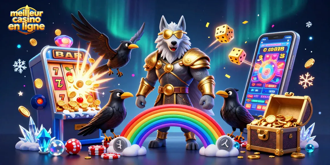 Profitez de l'expérience du meilleur casino en ligne avec cette illustration d'Odin et ses ravens, vibrant avec des éléments de jeu dynamique.