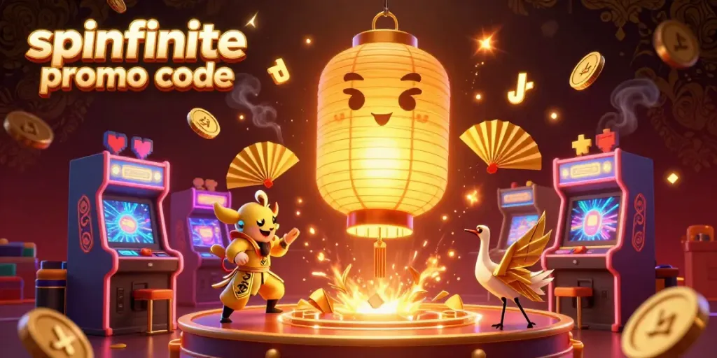 Engage with spinfinite promo code for exciting casino bonuses, featuring a colorful gaming scene with golden lantern spirit.
