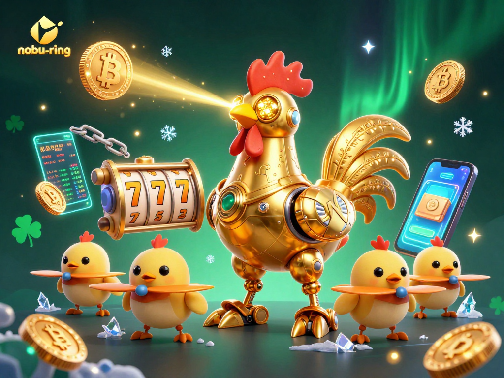 Experience exciting gameplay with nohu-ring as the golden rooster robot leads a crew in vibrant slots action.