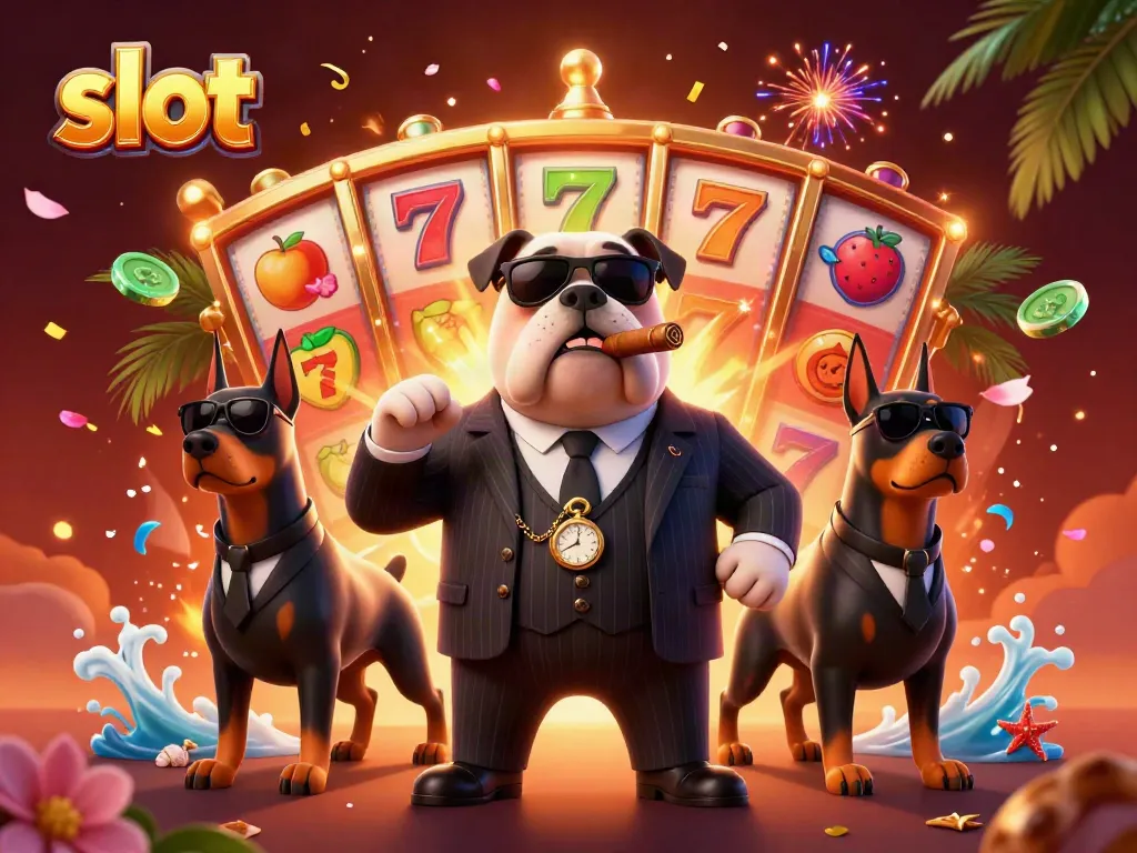 Slot unik dengan karakter mafia dan elemen permainan di latar belakang kasino yang meriah.