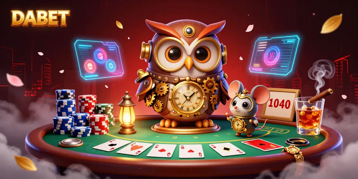 DABET showcases a dynamic poker scene featuring a time-traveling owl and mouse amidst vibrant casino elements.