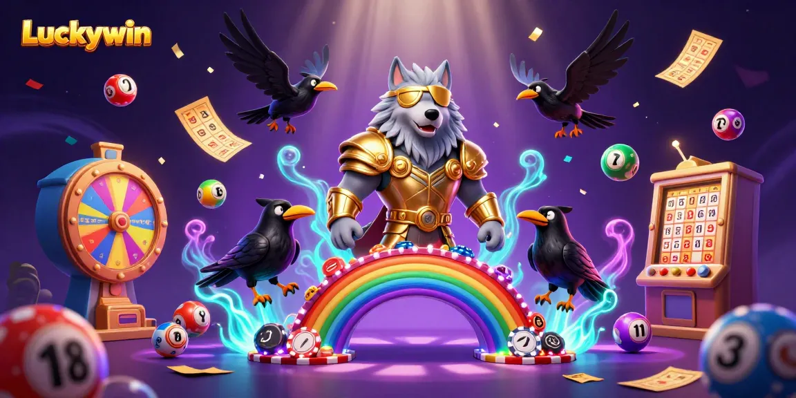 Experience the thrilling world of Luckywin with vibrant lottery balls, a rainbow bridge, and Norse mythology characters.