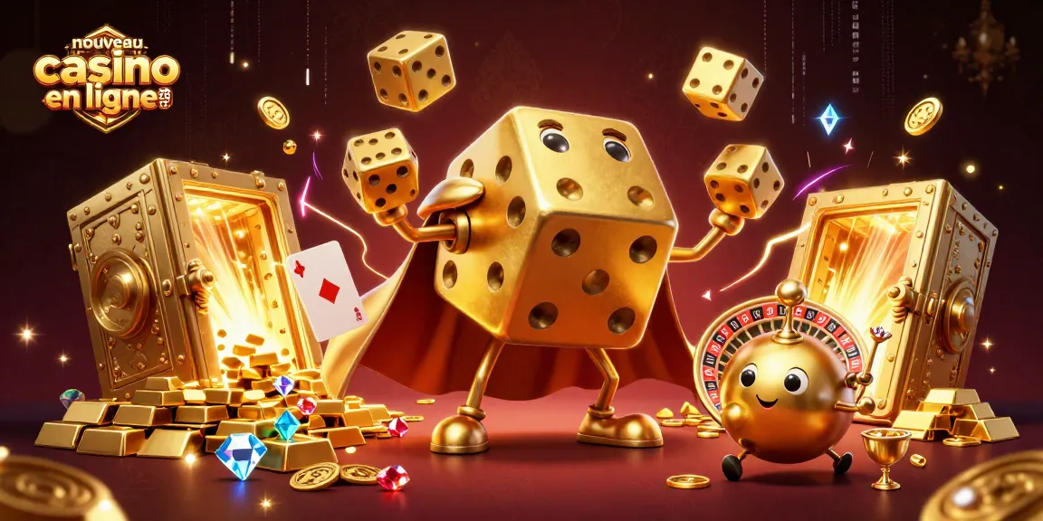 Visuel captivant de l'illustration 3D mettant en avant le nouveau casino en ligne 2026 avec des dés dorés.