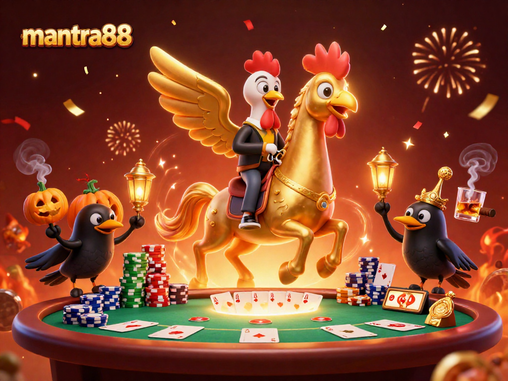 Experience the thrill of mantra88 with a golden rooster in a vibrant casino scene.
