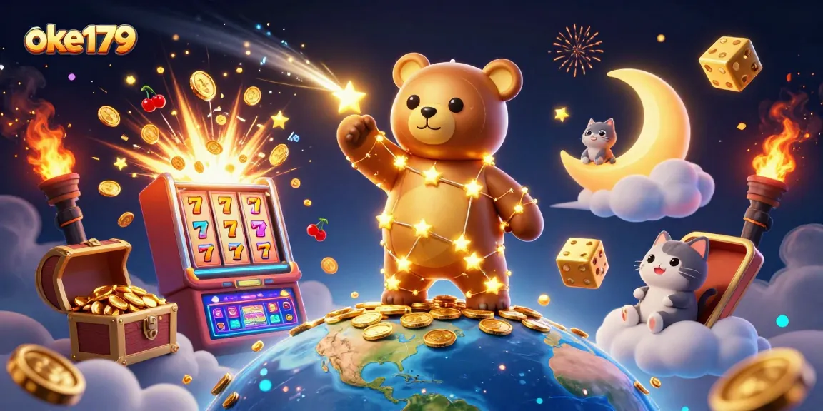 Experience winning thrills with oke179's vibrant 3D casino scene featuring stars, coins, and jackpot elements.