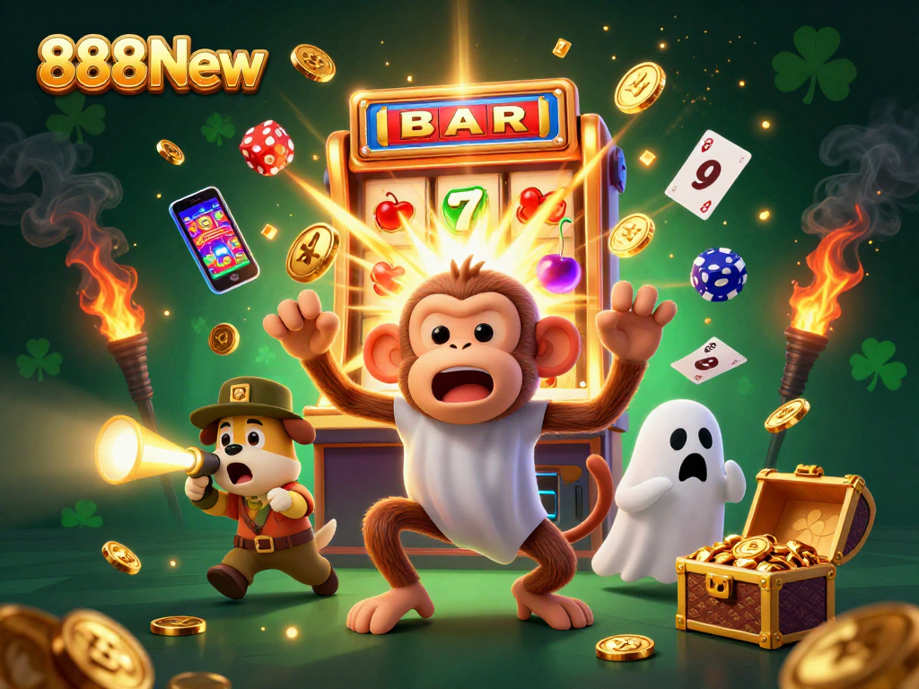 Engage with 888New in a lively casino scene featuring a playful ghost monkey and a curious puppy.